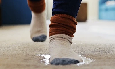 foot walking on water damaged carpet