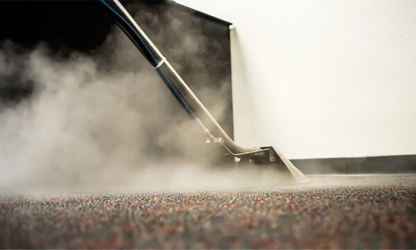 image of a carpet cleaning want with a bunch of steam around while cleaning
