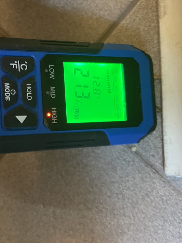 Image of a blue penetrating moisture meter showing a wall is wet, and the display on the meter shows it is 21.3% moisture content